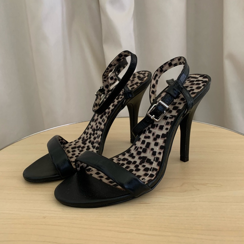 BCBG Paris - Black Leather Open Toe Strappy Heels